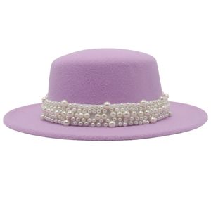 Franska retro fedora hatt kvinnor platt topp pärla filt mössa bredd sun skydd hatt fascinators parti mössa för kvinnor elegant