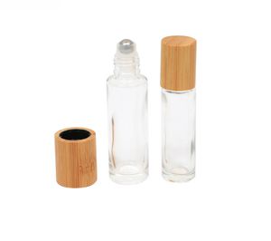 2021 Nya 10 ml Natural Bamboo träglas rullflaskor, eteriska oljevalsflaskor, stålrullboll, doftparfymrulle flaskor