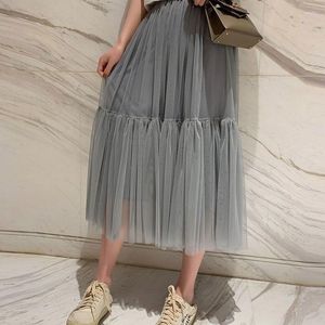 Skirts Mesh Lace Skirt For Women Mid-length 2023 Casual Solid High-waisted Thin And Westernized Cake A-line Fairy Female Tops