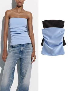 Kvinntankar Camis Tube Top Women Pale Blue Corset Crop Woman Sexig Off Shoulder Bustier Tops för 2023 Summer Backless Ruched Female 230609