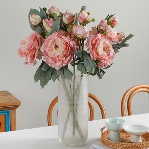 Fiori decorativi Peonia bordo bruciato francese a tre teste Soggiorno Decorazione domestica Simulazione Disposizione finta Matrimonio Decorazioni per feste Artificiale