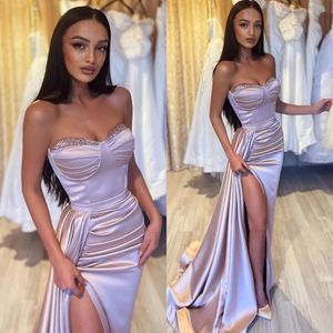 Strapless lavender prom dresses pleats high split sequins party dress sweep train elegant evening gown