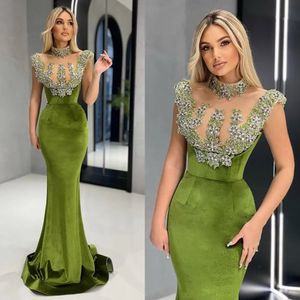 Abendkleider Grün Samt Meerjungfrau Prom Kleid Ärmellose Pailletten Applikationen High Neck Sexy Custom Für Frauen Vestido De Gala