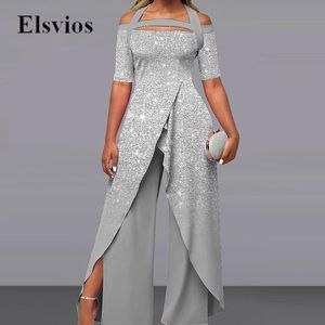 Kvinnors jumpsuits rompers sexig klippa av axel jumpsuit elegant wrap slits wide ben sommar romper kvinnor avslappnad mode glittertryck overall playsuit 230609