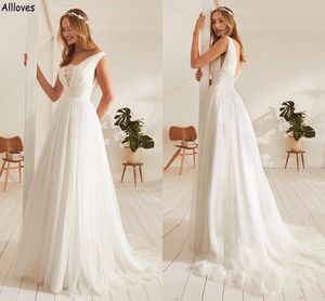 Boho Garden Tulle A Line Wedding Dresses Lace Sexy Low Backless Plus Size Bridal Gowns Sweep Train Simple Rustic Country Reception Party Dress For Bride Robes CL2406
