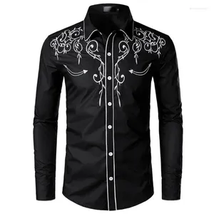 Men's Casual Shirts Fashion Embroidered Shirt American Western Style Denim Slim Long Sleeve Mens Dress Homme Wedding Party Men