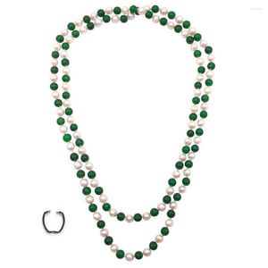 Correntes Nó à Mão Misto Colar de 120 cm de Comprimento Água Doce 7-8 mm Pérolas Brancas Cultivadas Verde Jade Suéter Corrente