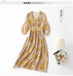 Summer Apricot Floral Print Paneled Silk Dress 1/2 Half Sleeve V-Neck-knappar Single-Breasted Casual Dresses C3A250169