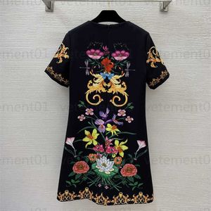 Designers Dress Floral Pattern Casual Women Hand-embellished Diamond Bead Decoration Micro-waist A-shaped Round Neck Short-sleeved Dresses Desingers Beach Dress