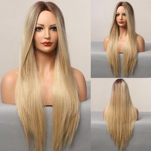 Synthetic Wigs ALAN EATON Long Silk Straight Ombre Brown Blonde Golden For Women Heat Resistant Natural Middle Part Hair