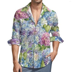 Erkekler Sıradan Gömlek Bloom Çiçek Baskı Şık Gömlek Erkekler Pembe Mavi Hydrengea Sonbahar Modaya Gizli Bluzlar Uzun Kollu Tasarım Büyük Boy Üstler