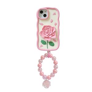 free DHL wholesale 3D cartoon silicone Pink Flowers Floral Phone Case For iphone 14 13 12 Pro Max i11 14pro 13pro 12pro Shockproof silicagel Soft Cover+Strap bead girl