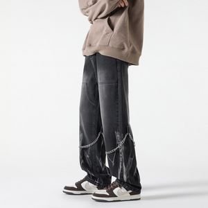 Qnpqyx ny y2k designer jeans män punk hip hop streetwear denim raka byxor svart lösa avslappnade byxor man japansk vår