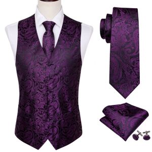 Мужские костюмы Blazers 4pc Mens Silk Vest Wedding Wedding Purple Paisley Solid Floral Capercoat Pocket Square Tie Set Stem Barry.Wang BM 230609