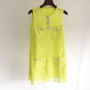 Casual Dresses S-Ef-Portrait Lace Mini Dress Round Neck Sleeve Mini Dress for Women Yellow New