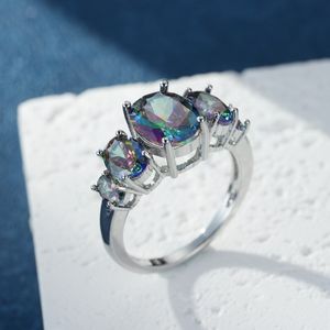 Luksusowy tajemniczy kamienny pierścionek srebrny Plaked Rainbow Fashion Biżuter