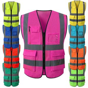 Men's Vests Pockets Workwear Safety Reflective Men Vest Many Pink For Breathable Vis Security Working Hi Mesh With