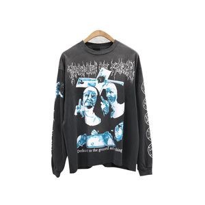 23SS Autunno Inverno Uomo Tees Vintage Oversize Religieuse Middle Fingers Stampa Distressed Fashion Washed Long Sleeve Unisex Tshirt