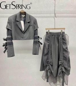 Two Piece Dress Getspring Women Suit Blzaer Skirt Set Single Button Short Blazer Coat High Waist Loose Casual Skirts Sets Spring 2023 230609