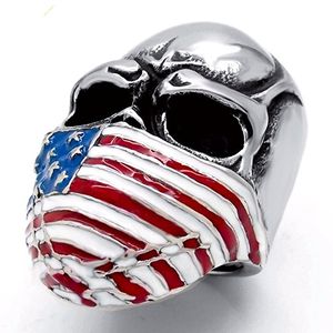 Retro Silver Skull Ring with USA Star Flag Mask Punk Style Cool Oil Drop America Flag Men Women Ring Hip HOp Jewelry