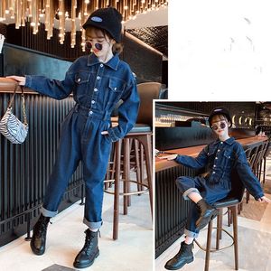 Overalls Girl Denim Casual Turndown Collar Kids Romper Long Sleeve Teens Girls Jumpsuit Spring Autumn Children Clothes Outfits 230608