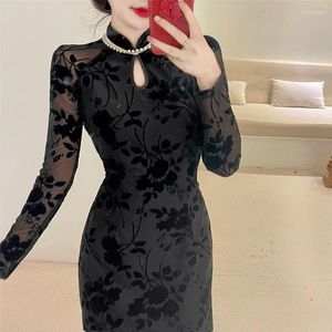 Etnisk kläder Kinesisk stil Velvet Lace Cheongsam Autumn Winter Flocking Printing Young Retro Qipao Black Improved Elegant Daily Dress