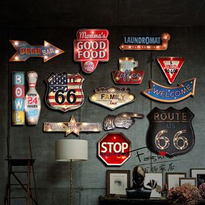 Decorative Objects Figurines American Retro Wrought Iron Wall Decoration Beer Cover Popcorn LED Light Art Sign Painting Plaque Bar Cafe Home 230609