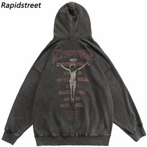 Women's Hoodies Sweatshirts Hip Hop Men Sweatshirt Hoodie Retro Streetwear Jesus Letter Graphic Washed Black Pullover Harajuku Cotton Hooded Sweatshirt 230608