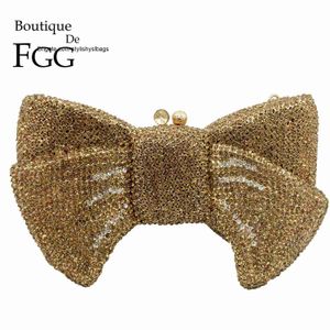 Shoulder Bags Boutique De FGG Novelty Women Bow Clutch Crystal Evening Bags Hard Case Metal Minaudiere Rhinestone Handbags Wedding Party Purse