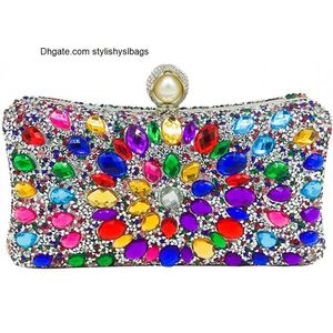 Bolsas de ombro multicoloridas com strass para mulheres Bolsa de noite com pérolas - Bolsa de noiva com diamantes brilhantes Bolsas de formatura de casamento de cristal