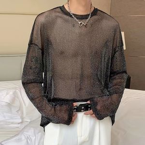 Herr t-skjortor män solid mesh transparent o-hals långärmad sexig camisetas streetwear 2023 eleganta festkläder s-5xl