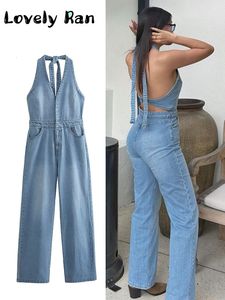 Kvinnor Jumpsuits Rompers Fashion Sleeveless Denim Jumpsuit Women Summer Y2K Halter Backless Long Female Sexy Vneck Blue Straight Overalls 230609