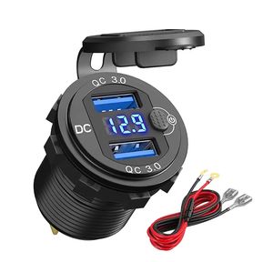 クイック充電器アルミニウムQC3.0スイッチボタン付きデュアルUSBカー充電器12V/24V車の電圧ディスプレイ