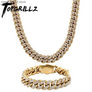 ペンダントネックレスTopgrillz Fully CZ Stone 13mm合金防水カラー保存マイアミキューバネックレス/ブレスレットパンクヒップホップラッパージュエリーT230609