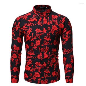 Herren Freizeithemden Männer Mode Rot Bedrucktes Partykleid Hemd Frühling Herbst Langarm Urlaub Strand Camisa Homme Stilvolle reguläre Passform