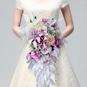 Bröllopsblommor Pink Purple Water Drop Waterfall Elegant Bouquet Artificial Carla Lily Bride Bridal Brides 2023