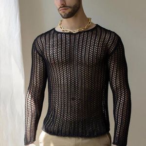 Men's T-Shirts Mens Fishnet Transparent Long Sleeve T Shirt Brand See Through Mesh Tshirt Men Punk Gothic Nightclub Prom T Shirt Male 230608