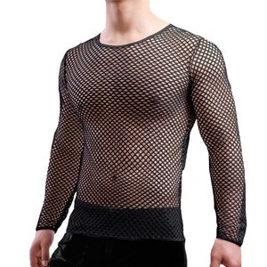 Men's T-Shirts Mens Transparent Sexy Mesh T Shirts See Through Fishnet Long Sleeve Muscle Undershirts Nightclub Party Perform Tops Tees Clothes 230608