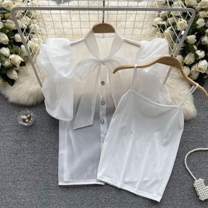 Damenblusen, süße Organza-Perspektive, kurzes Blasenärmel-Shirt, Damenmode, Sommer, französische Schleife, Chiffon-Tops, Blusenkleidung, K336