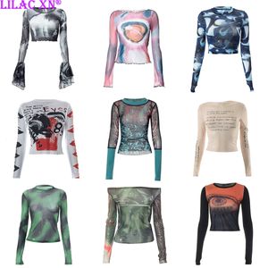 Women's T-Shirt Goth Sexy Lace Mesh See Through T-shirts Aesthetic Graphic Long Sleeve Colorful Printed Crop Tops Women Summer Tees Streetwear 230608