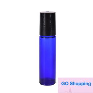 Garrafa roll-on de óleo essencial de 10 ml Garrafas de vidro azuis com bolas de aço inoxidável/vidro e tampa preta para todos os jogos