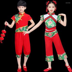 Abbigliamento da palcoscenico Costume da danza Yangko cinese antico Costume da ragazza per bambini elegante Ventaglio tradizionale Tamburo nazionale in vita Ombrello popolare