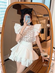 Women's short sleeve ruffles sleeve lace hollow out top and layered cake skirt twinset 2 pc dress suit SML