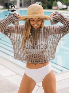 Casual Dresses Sheer Crochet Knit Bikini Swim Cover Up Top For Women Sexy O-neck Long Sleeve Beach Tunic Top 2023 Summer Beachwear J230609