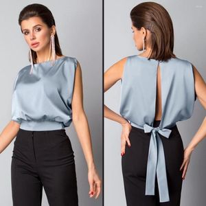 Women's Blouses Summer Satin Silk Sexy Elegant Womens Tops O- Neck Sleeveless Open Back Bow Tie Office Shirts Fall -CH43