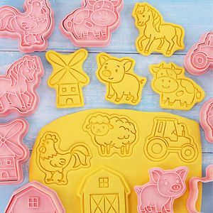 Conjunto de cortadores de biscoito para animais de fazenda de desenhos animados, molde para decoração de bolo de festa de fazenda de outono, fondant, molde para biscoito, material de cozinha 230608