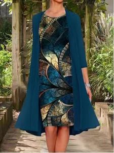 Podstawowe sukienki swobodne vintage jesienne harajuku fałszywe dwuczęściowe swetra kardiganowa sukienka elegancka elegancka wzór drukowania luźne sukienki kobiety swobodna sukienka na szyję 230608