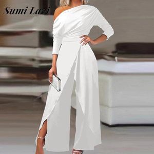 Kobiety Jumpsuits Rompers Seksowne panie poza ramię nieregularne szerokie nogi kombinezon moda szyka długie rękaw Slim Romper Women Solid Kolor 230609