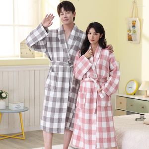 Roupa de dormir feminina 2023 primavera outono roupão de banho masculino algodão tops quimono robes para homem xadrez roupão de banho longo roupão de noiva