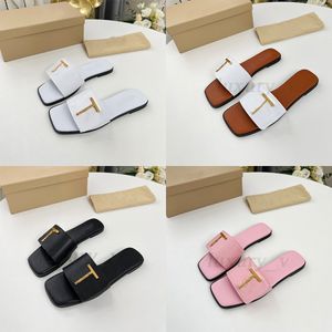 Designer Slippers Mental Buckle Soft Leather Women Sandals Fashion Flats Letter Decorative Slipper Beach Flat Leather Slides